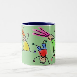 Two toned mug with cartoon kids design.
