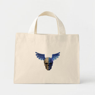 Two-Toned Skull with Blue Stylized Wings Mini Tote Bag