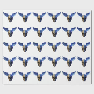 Two-Toned Skull with Blue Stylized Wings Wrapping Paper