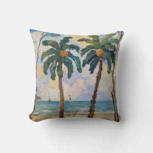 Two Tropical Palm Trees Oil Painting Throw Pillow