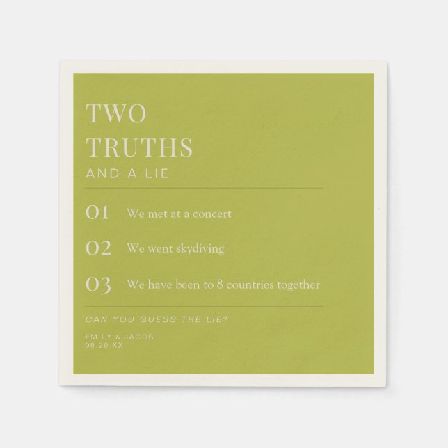Two Truths and a Lie Fun Fact Wedding Chartreuse Napkin (Front)