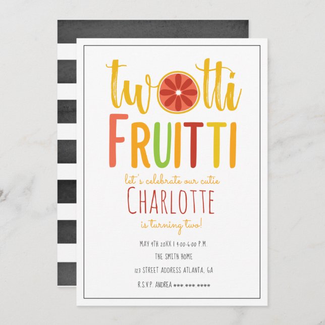 Two-tti Fruitti Watercolor Stripe Citrus Birthday Invitation (Front/Back)