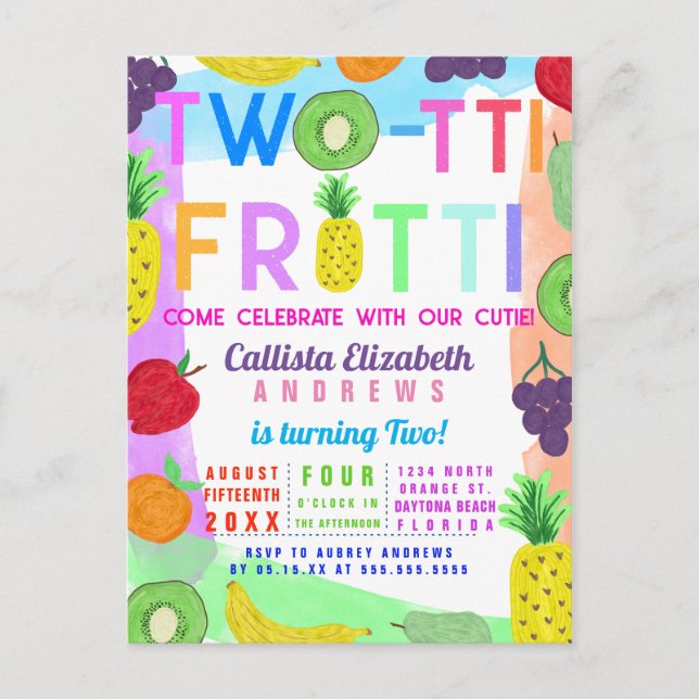 Two-tti Frutti Colourful Painted Fruit 2nd Birthda Invitation Postcard (Front)
