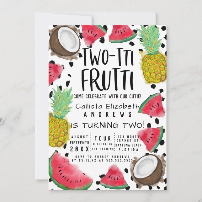 Two-tti Frutti Cute Fruit Watercolor 2nd Birthday Invitation (Front)