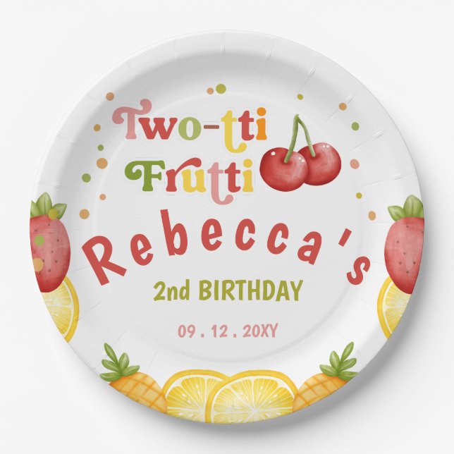 Two-tti Frutti Fruity Fun Second Birthday Party Paper Plate (Front)