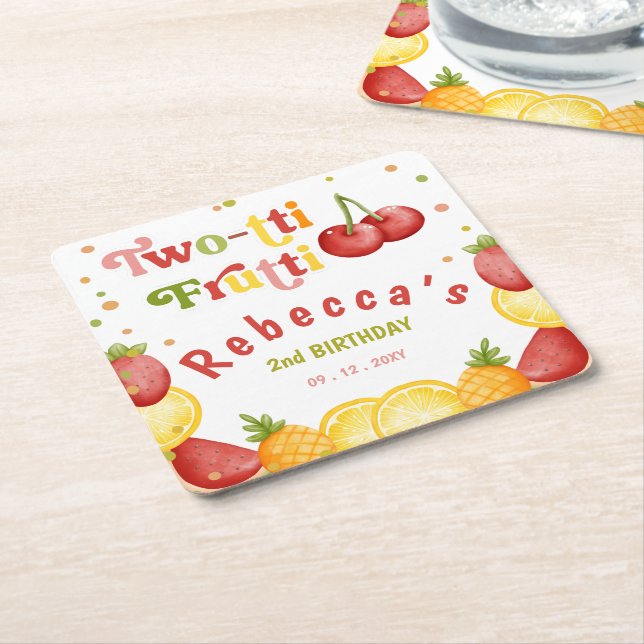 Two-tti Frutti Fruity Fun Second Birthday Party Square Paper Coaster (Angled)