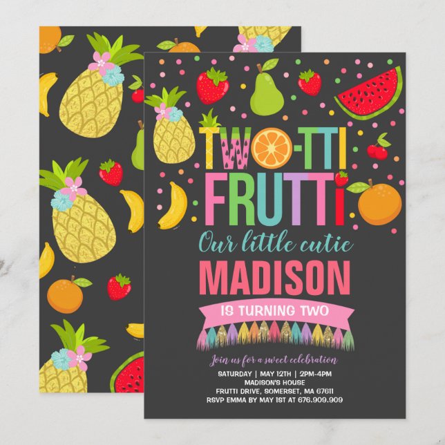 Two-tti Frutti Party Invitation 2nd Birthday Party (Front/Back)