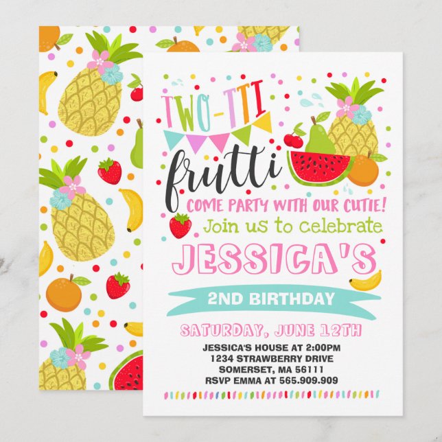 Two-tti Frutti Party Invitation 2nd Birthday Party (Front/Back)