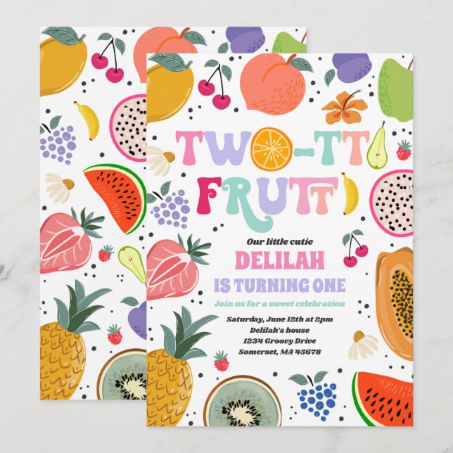 Two-tti Frutti Tropical Summer 2nd Birthday Party Invitation (Front/Back)