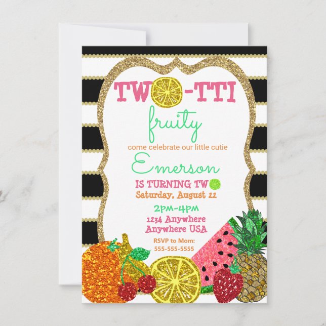 two-tto frutti 2nd Birthday Tutti Frutti glitter Invitation (Front)