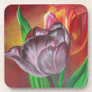 Two Tulips Against Red Background Coaster