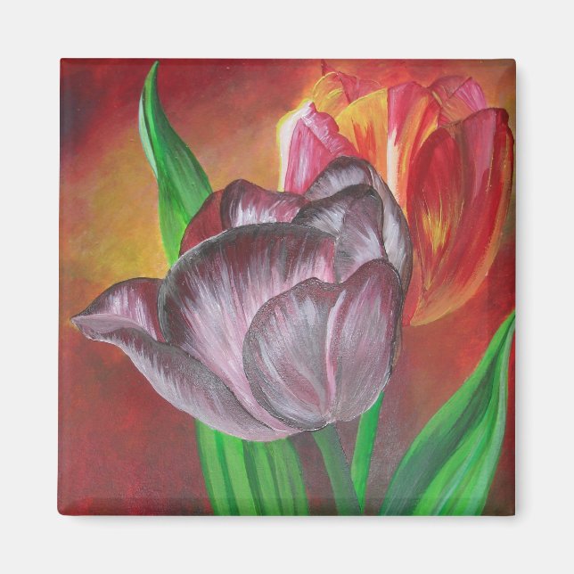 Two Tulips Against Red Background Magnet (Front)