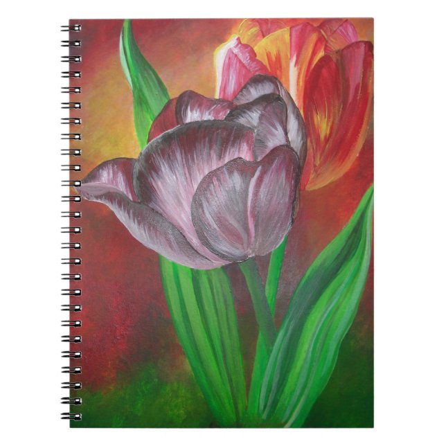 Two Tulips Against Red Background Notebook (Front)