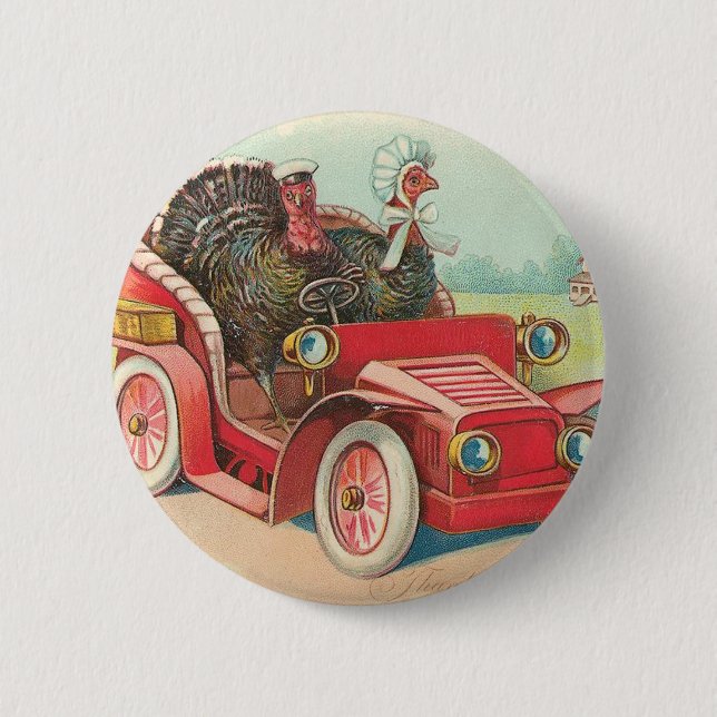 Two Turkey's Take a Drive 2 Inch Round Button (Front)