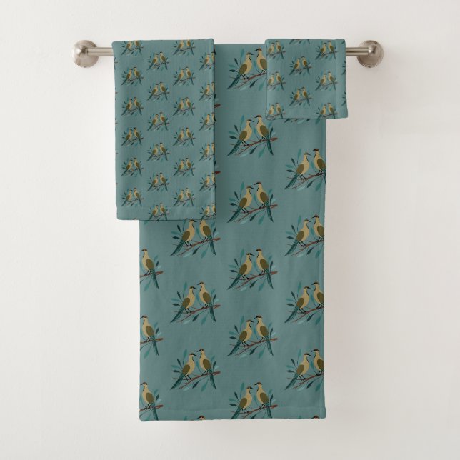Two Turtle Doves Cut-Out Stencil Retro Style 3 Bath Towel Set (Insitu)