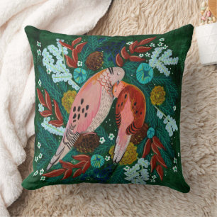 Two turtle Doves floral wreath Christmas holiday Throw Pillow
