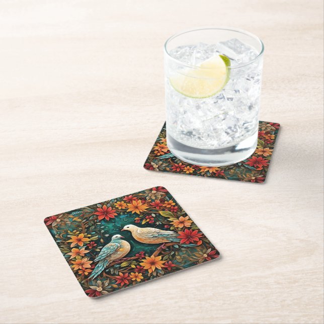 Two Turtle Doves Square Paper Coaster (Insitu)