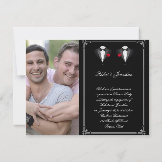 Two Tuxedos with Red Rose Gay Wedding Engagement Invitation (Front)