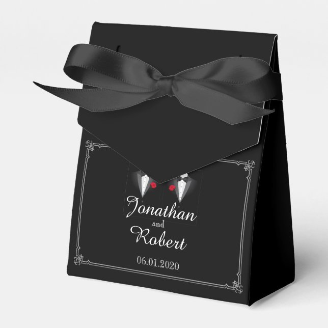 Two Tuxedos with Red Rose Gay Wedding Favour Box (Front Side)