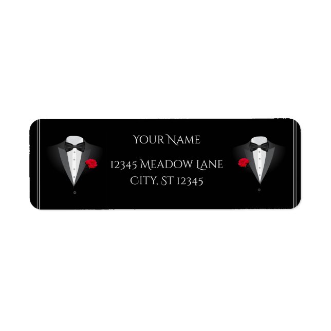 Two Tuxedos with Red Rose Wedding Return Address (Front)