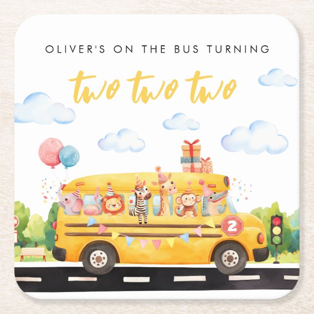 Two Two Two School Bus Square Paper Coaster (Front)