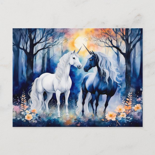 Two Unicorns Standing Together Under Starry Sky Postcard (Front)