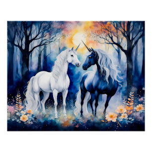Two Unicorns Standing Together Under Starry Sky Poster