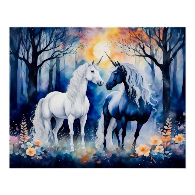 Two Unicorns Standing Together Under Starry Sky Poster (Front)
