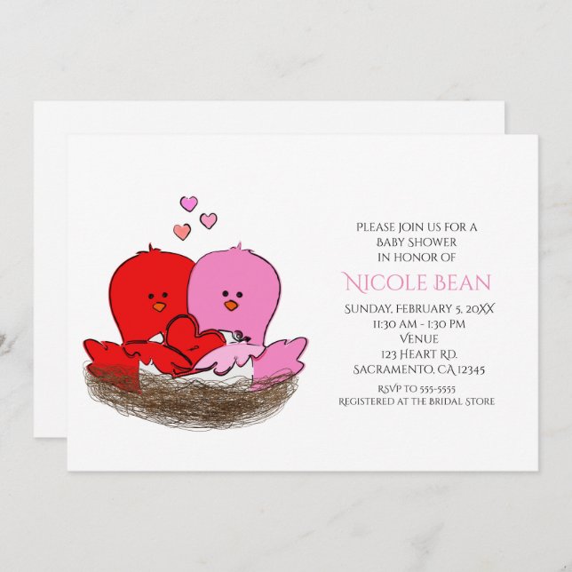 Two Valentine's Birds Baby Shower Invitations (Front/Back)