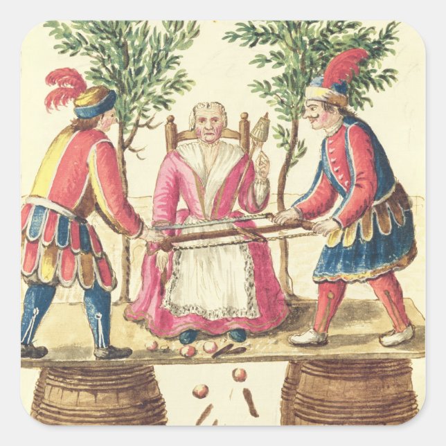 Two Venetian magicians sawing a woman in half Square Sticker (Front)
