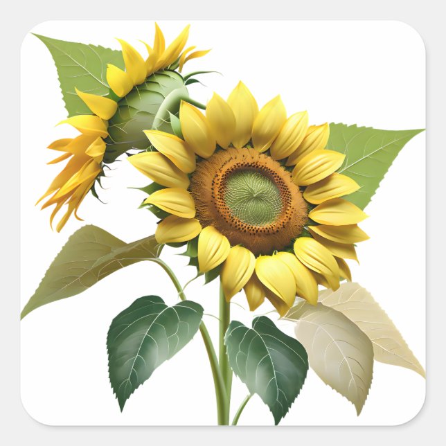 Two Vibrant Sunflowers with Lush Green Leaves Square Sticker (Front)