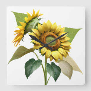 Two Vibrant Sunflowers with Lush Green Leaves Square Wall Clock