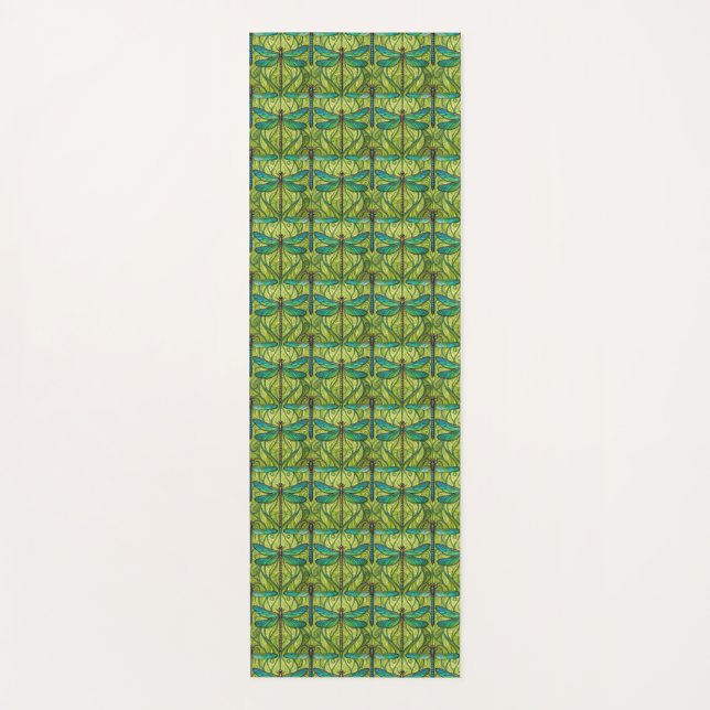 Two views of a green and yellow patterned tile  yoga mat (Front)