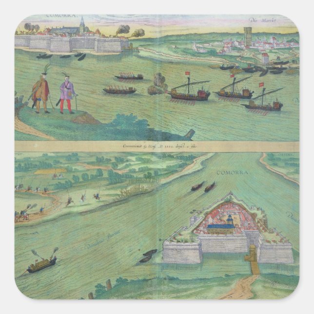 Two Views of Comorra, from 'Civitates Orbis Terrar Square Sticker (Front)