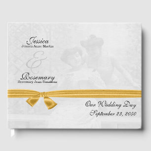 Two Vintage Brides with Gold Ribbon Photo Names Guest Book