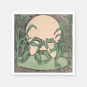 Two Vintage Funny Love Green Frogs Moon Napkin