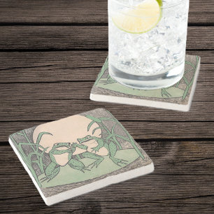 Two Vintage Funny Love Green Frogs Moon Stone Coaster
