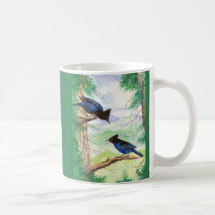 Two Watercolor Stellar Jay Birds Forest Trees  Coffee Mug