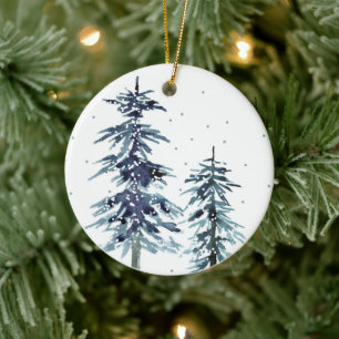 Two Watercolor Winter Pine Trees 2 gift tags Ceramic Ornament