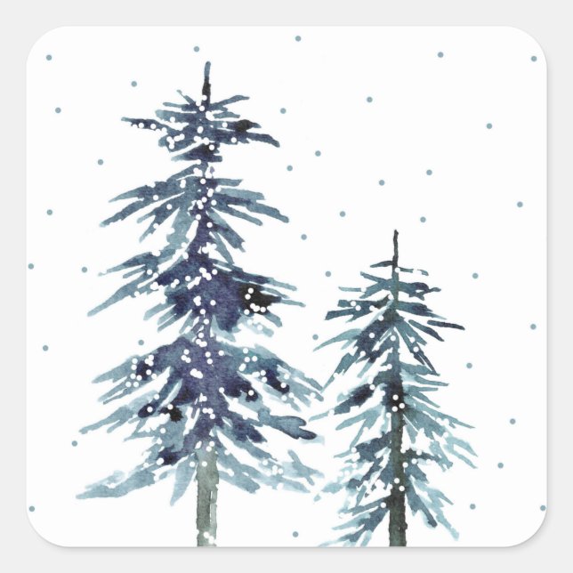Two Watercolor Winter Pine Trees 2 Square Sticker (Front)
