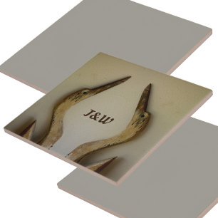 Two Weathered Herons with Initials Coastal Tile