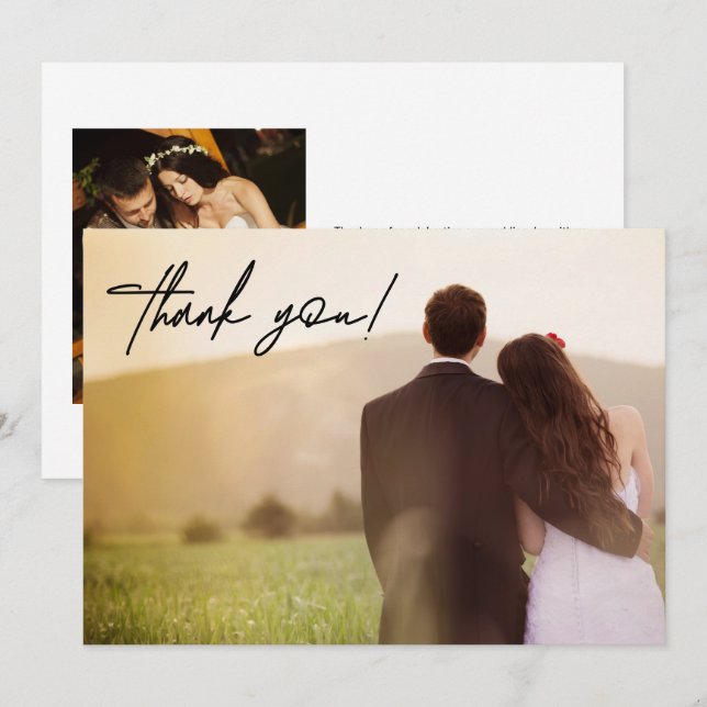 Two Wedding Photos Elegant Script Custom Thank You Card (Front/Back)