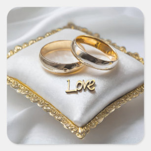 Two wedding rings on a white pillow  square sticker
