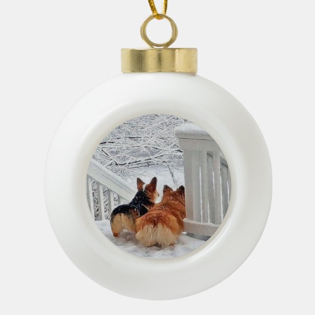 Two Welsh Corgis in the Snow Ornament (Front)