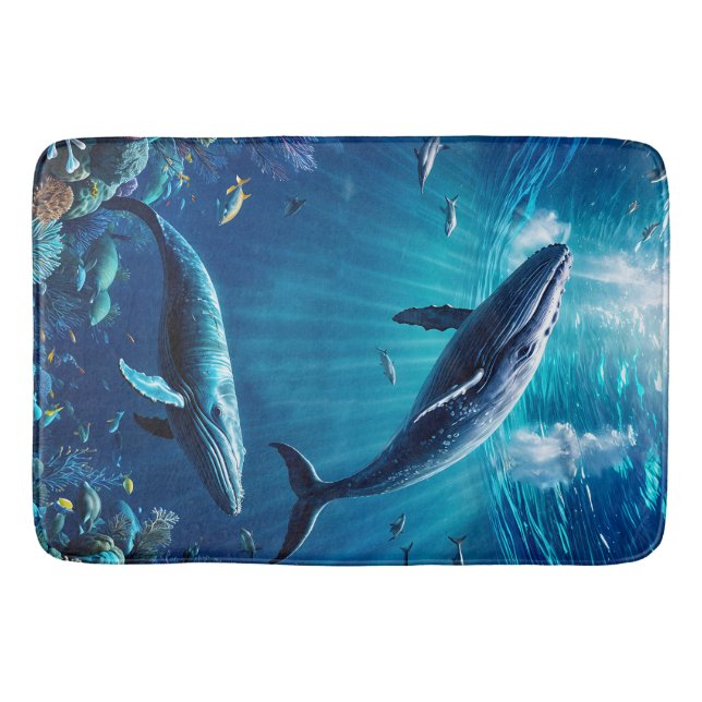 Two whales swimming among tropical fish bath mat (Front)