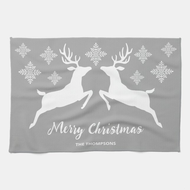 Two White Deer On Grey With Snowflakes & Text Kitchen Towel (Horizontal)