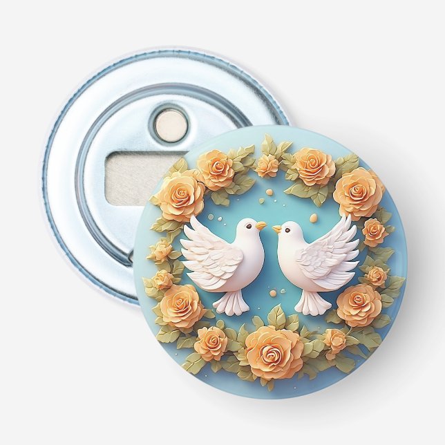 Two White Doves Amidst a Floral Pattern Bottle Opener (Front)