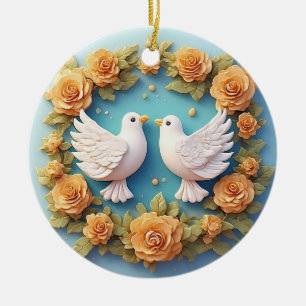 Two White Doves Amidst a Floral Pattern Ceramic Ornament