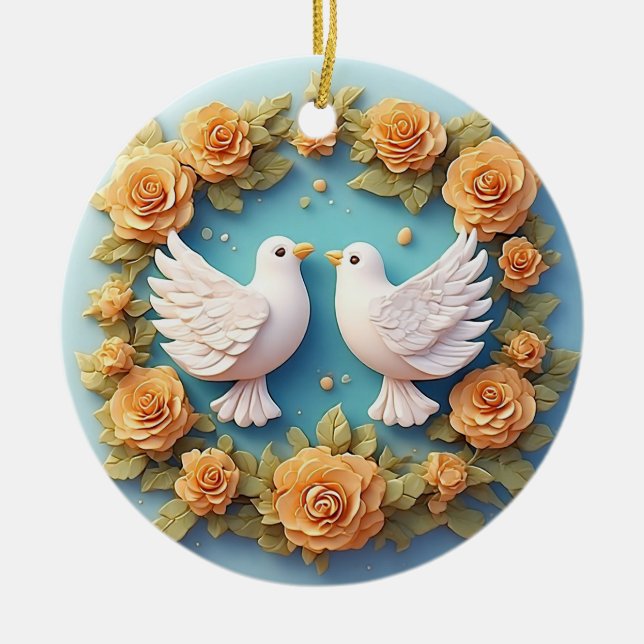 Two White Doves Amidst a Floral Pattern Ceramic Ornament (Front)