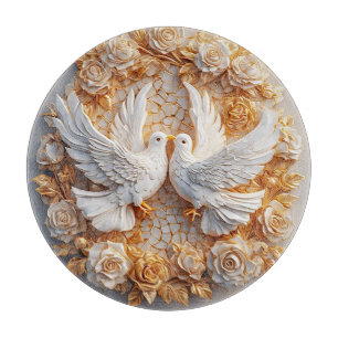 Two White Doves Amidst a Floral Pattern Cutting Board